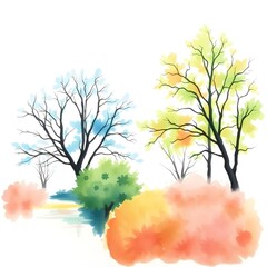 winter forest trees and bushes with snow watercolor illustration