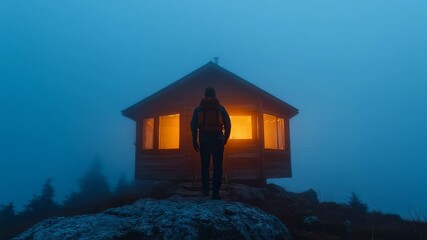 Solitude seeker on mountaintop amidst misty twilight at rustic cabin retreat, escape