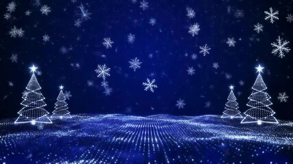 Experience the magic of the holidays with a stunning animated snowfall scene featuring elegant Christmas trees on a vibrant blue background perfect for festive greetings and seasonal promotions - Powered by Adobe