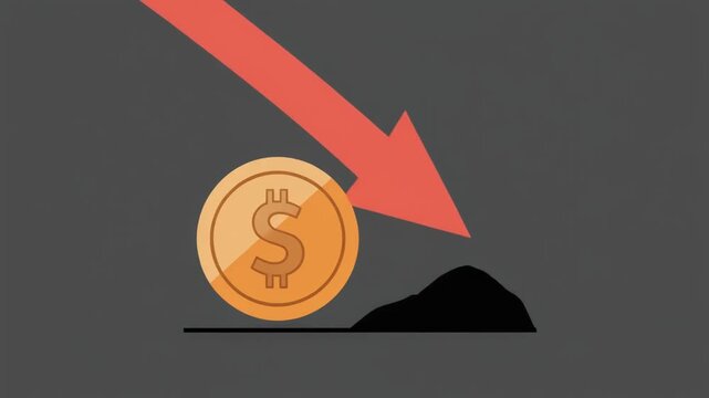 Bitcoin Falling Value with Downward Arrow and Dimmed Coin Financial Decline Illustration