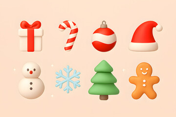 A festive collection of adorable 3d christmas icons including a snowman tree and gingerbread man