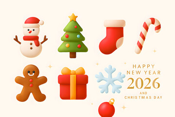 Fototapeta premium Festive christmas and new year icons featuring a snowman tree stocking candy cane gingerbread man gift and snowflake