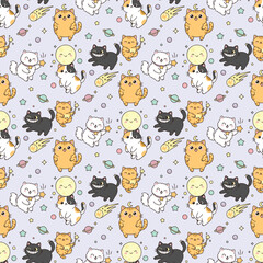 Happy feline pattern. Funny cat character, seamless background with star and moon. Pet vector print, cartoon animal textile graphic illustration.