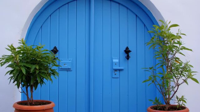 Charming blue doors and potted plants in a row, capturing vibrant moroccan architecture aesthetics