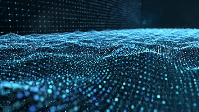 Abstract Digital Waveform of Blue Glowing Particles in Futuristic Network.