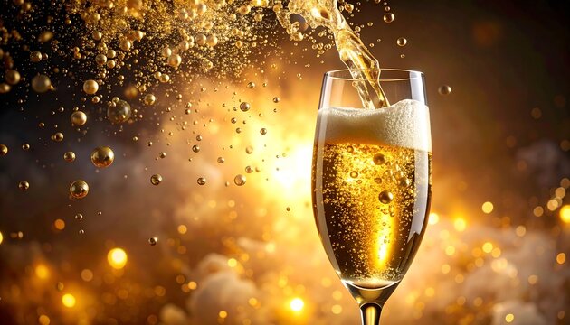 Sparkling Happy New Year celebration with champagne bubbles, golden glitter cloud, warm festive lights, premium composition.