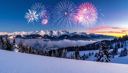 New Year fireworks background above snowy mountains, colorful reflections on snow, bright festive horizon, modern landscape style.