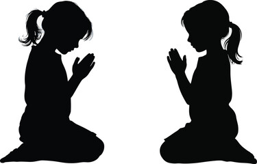 Two black silhouette girls kneeling with hands together in prayer child praying