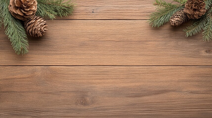 Rustic wood board background with pine branches and pinecone accents evoking cozy warmth