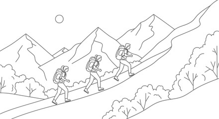 Obraz premium Line art illustration of hikers trekking up a mountain trail with backpacks in minimalist style