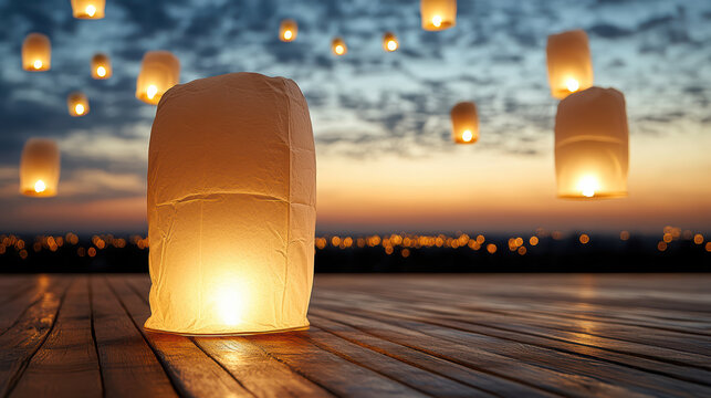 Sky lantern glowing at dusk on wooden deck with floating lanterns rising