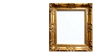 Ornate gold picture frame with intricate details isolated on transparent background