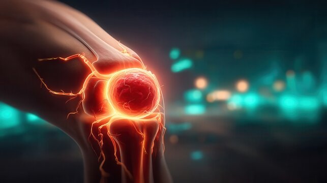 Detailed knee joint illustration showing ligaments, bones, and cartilage for medical research or anatomical study in a modern style with vibrant colors