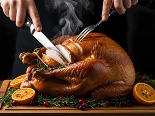 Carving Roasted Turkey with Orange and Cranberry Garnishes on Wood Board