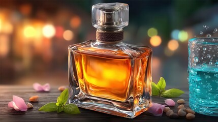 Elegant amber perfume bottle with floral accents and bokeh background conveying luxury and sophistication, ideal for beauty campaigns and lifestyle branding