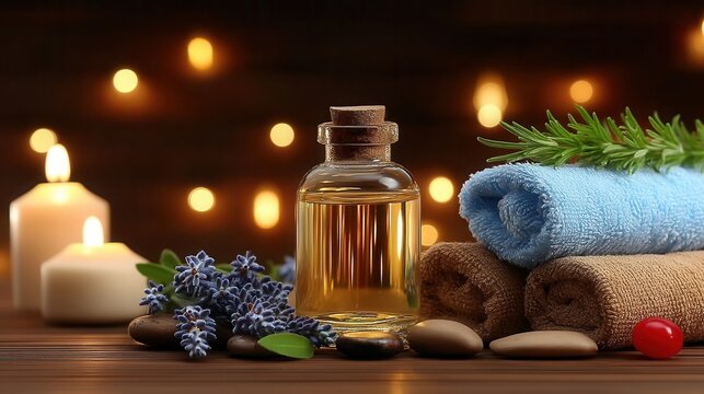 Relaxing aromatherapy spa treatment with essential oil, lavender, and soft towels, perfect for wellness retreats and self-care promotions