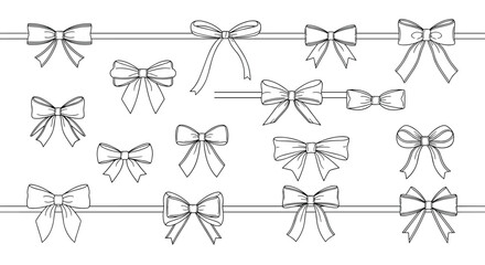 Black and white line art collection featuring various decorative bows, ideal for gift wrapping and festive designs.
