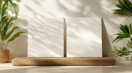 Blank square canvas pair on woven bench with soft dappled sunlight and calm botanical ambiance