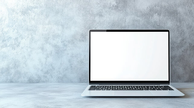 Modern laptop with blank white screen on textured concrete surface minimal workspace