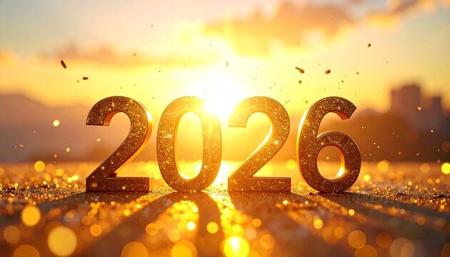 Golden hour New Year background with warm sunset glow, glittering particles drifting in air, stylish 2026 numbers, trending premium