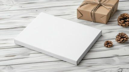 Fototapeta premium White packaging mailer mockup minimal gift wooden table with pine cones and kraft wrapped present
