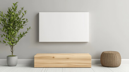 Fototapeta premium Minimal living room interior with blank canvas above wooden console, calm