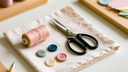 Sewing essentials on fabric with buttons and scissors