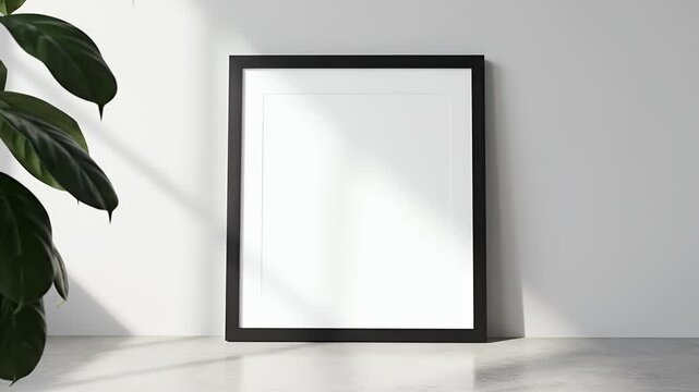 Blank Black Square Frame Leaning Against a White Wall with Plant Shadows.