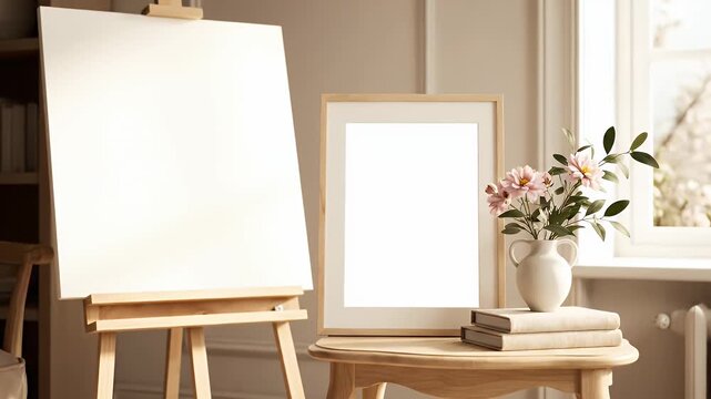 Blank Canvas on Easel with Framed Picture and Flowers in a Bright Room.