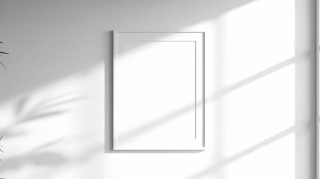 Blank Picture Frame Mockup on White Wall with Natural Light and Shadow Play.