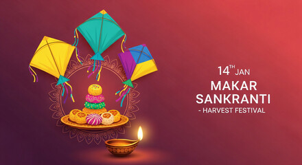 Celebrate makar sankranti with colorful kites, sweets, and a diya for a joyful harvest festival