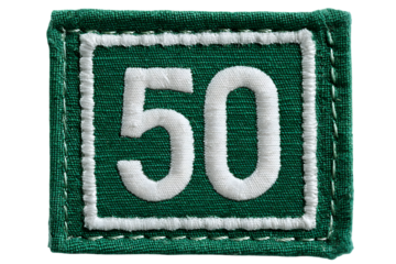 Green embroidered patch with white number 50 in a square border