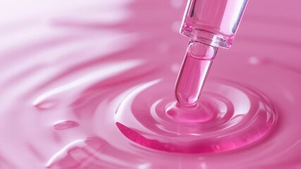 Pink liquid drop, skincare product, beauty essence, pipette dropping liquid, laboratory test, - Powered by Adobe