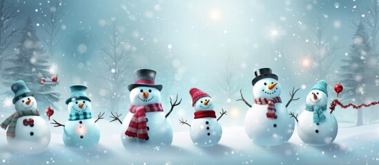 Group of cheerful snowmen in a snowy winter wonderland with falling snowflakes and festive atmosphere.