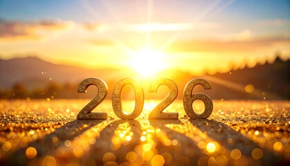 Golden hour New Year background with warm sunset glow, glittering particles drifting in air, stylish 2026 numbers, trending premium