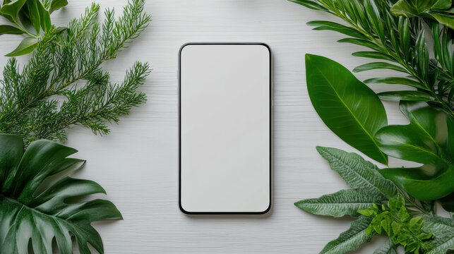 Blank smartphone mockup on wooden tabletop surrounded by green leaves creating calm natural scene - Powered by Adobe