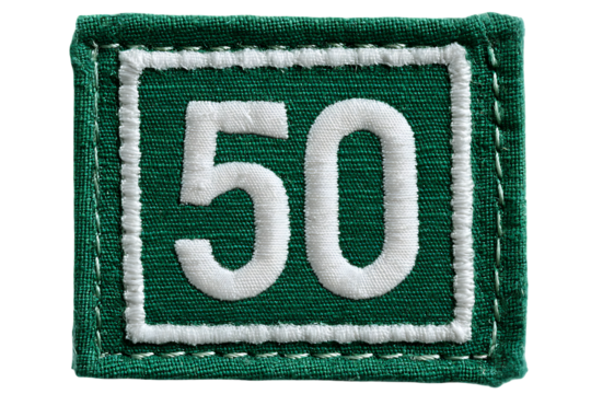 Green embroidered patch with white number 50 in a square border