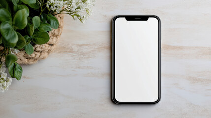 White sleek smartphone mockup blank fullscreen panel cozy tabletop with plant accent