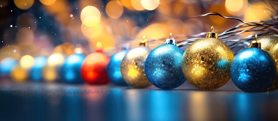 Vibrant Christmas Ornaments and Twinkling Lights Festive Holiday Background.