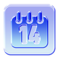 Glossy 3D glassmorphism calendar 14 icon blue aqua button for valentine day
