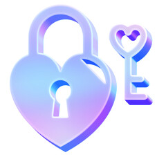 3D Glossy Y2K Holographic Heart Lock Key Icon - Gradient Pastel Security Love Symbol
