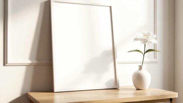 Blank White Poster Frame Mockup on Wooden Table with Flower Vase.