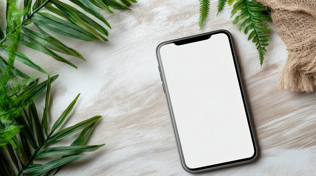 White smartphone mockup with blank screen on wooden table, green fern leaves, neutral cozy mood