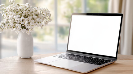 Fototapeta premium Silver laptop with blank bright screen on wooden table near white flower vase