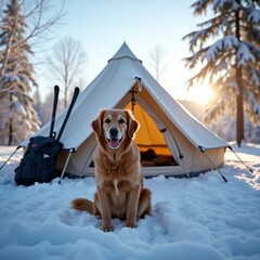 Golden Retriever Dog Sitting in Snow in Front of a Winter Camping Tent