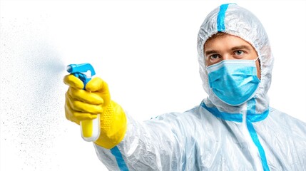Man in protective suit spraying disinfectant, medical worker in mask and gloves cleaning surface, healthcare professional sanitizing area with spray bottle, safety and hygiene concept