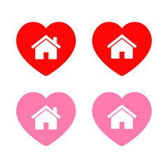 House icon in red and pink heart. Home care and family love symbol