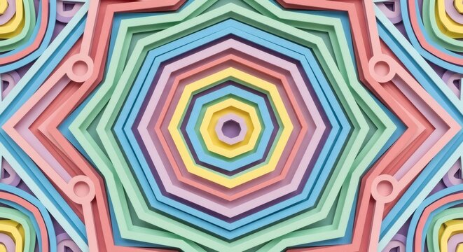 Pastel kaleidoscope pattern with concentric octagons and diamond shapes, creating a symmetrical and visually appealing design