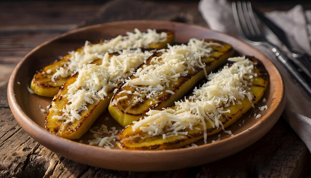 Close up of grilled plantains topped with shredded cheese served on a rustic wooden plate with a blurred background of a wooden table and cutlery