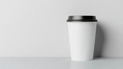 White takeaway coffee cup mockup with black lid on minimal background, clean modern feel